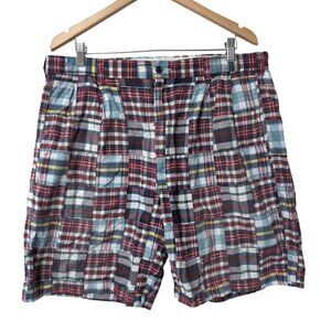 Jos A Bank Madras Patchwork Short Men 36 Red Blue Plaid Casual Golf Preppy Beach